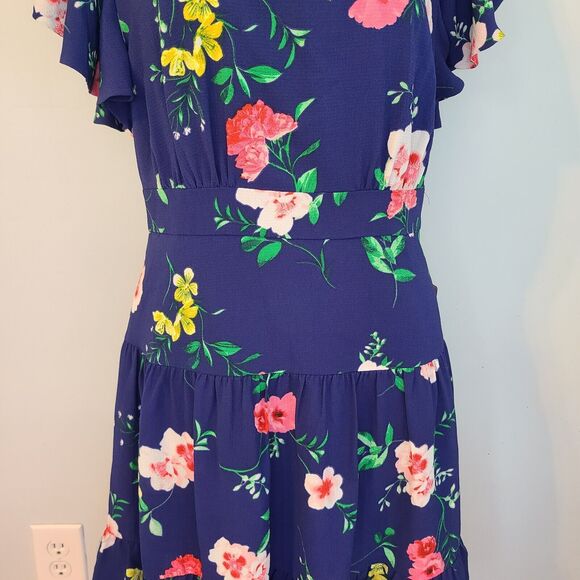 Eliza J Navy Blue Floral Mini Dress Women 14 Flutter Sleeve Fairy Cottagecore - Picture 7 of 15